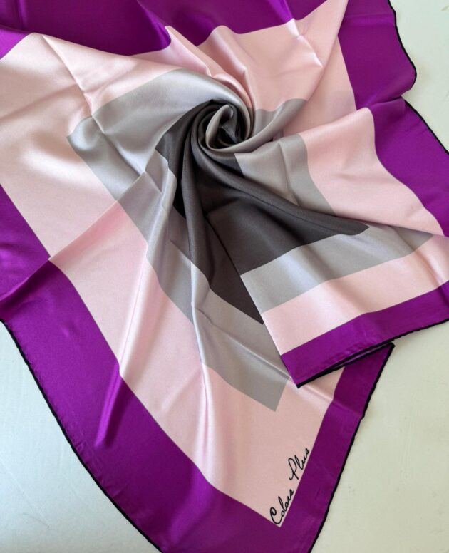 COLOR PLUS KARE DESEN %100 İPEK EŞARP 19011998 - Mor gri